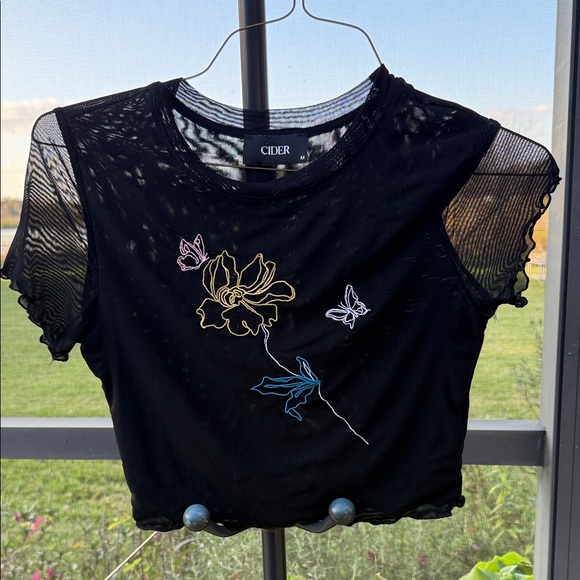 Cider Tops - Cider Black Mesh Sheer crop top with Embroidered flower and butterfly design
